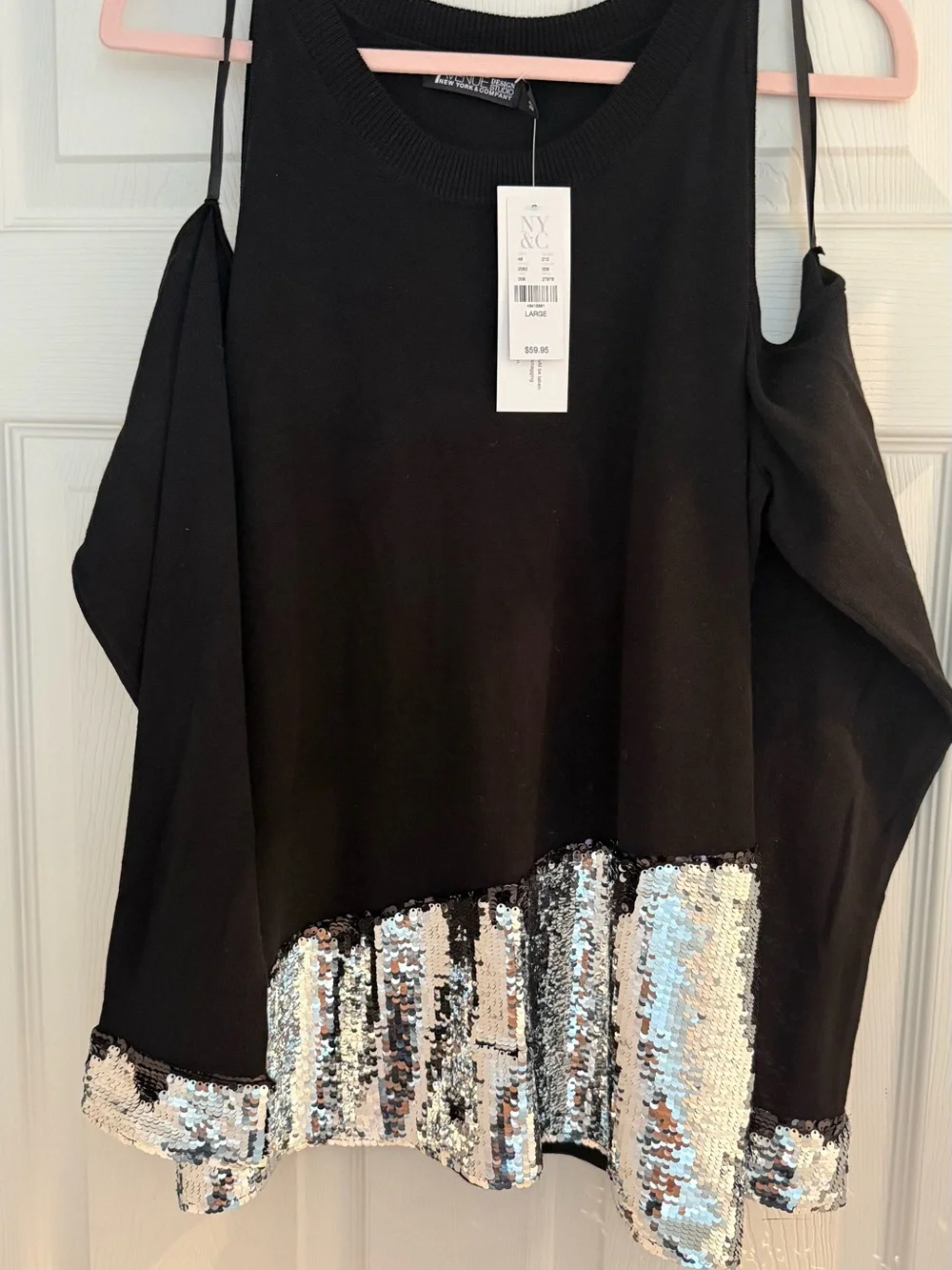New York & Company Black Cold-Shoulder Skirt with Silver Sequin Hem